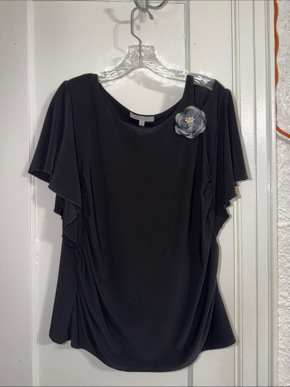 Women's Black Flutter Sleeve Blouse with Floral Brooch